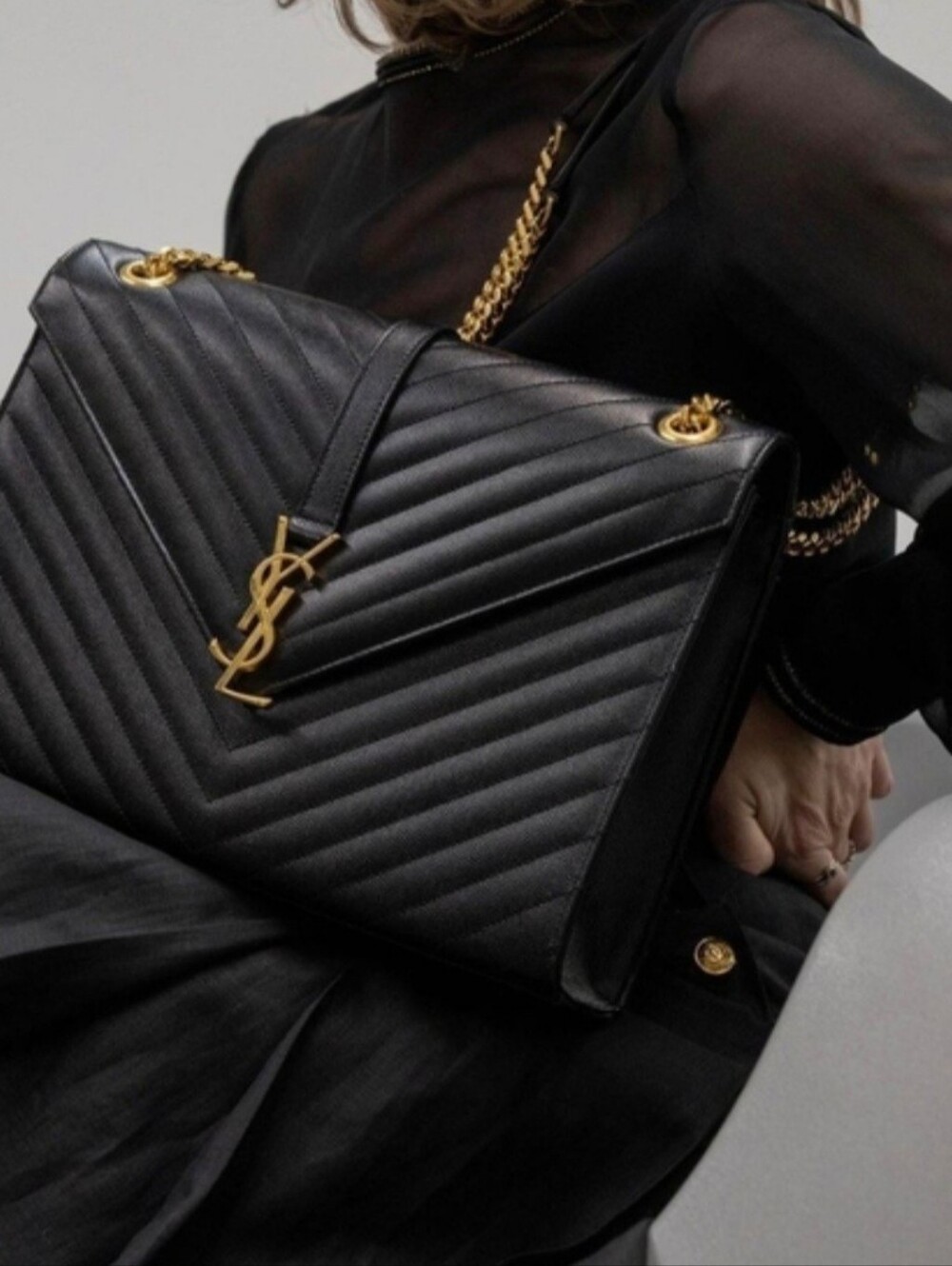Saint Laurent Black Quilted Chevron Shoulder Bag with Gold Hardware